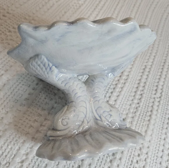 Soap Dish Koi Fish Blue White Vintage 1980's Signed - Picture 4 of 14